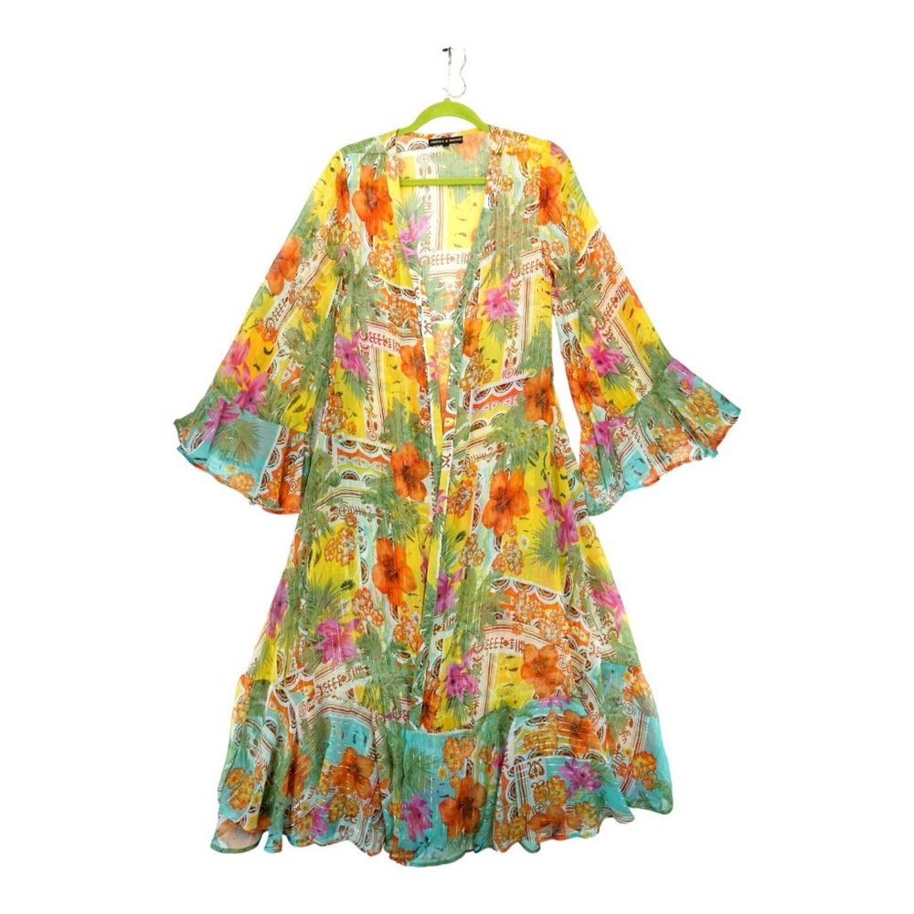 America & Beyond Boho Blissful Kimono Cover Up Size Medium Flared Sleeves Floral
